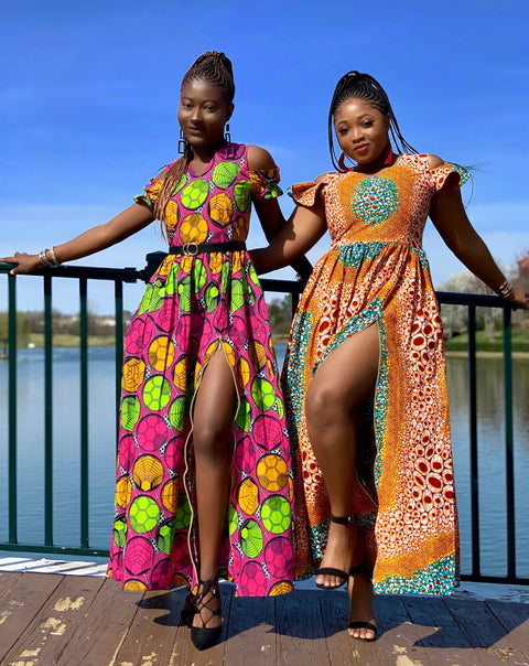 ZOÉ ORANGE FRONT ZIP SLIT AFRICAN PRINT MAXI DRESS - Origin Trends